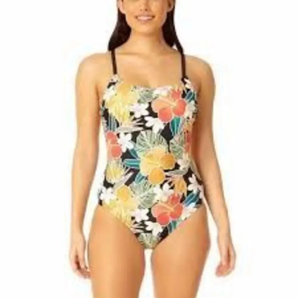 Hurley Size XL Strappy Open Back One Piece Swimsuit Multicolor Tropical Vacation